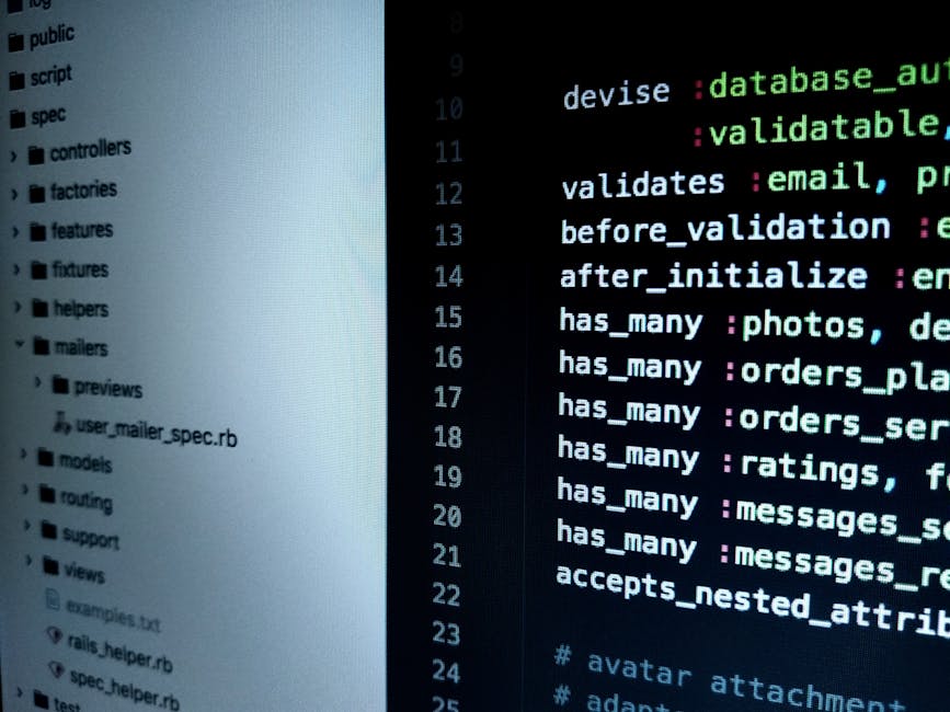 Close-up image of a computer screen displaying lines of programming code with syntax highlighting in green, red, blue, and white text on a black background. The code appears to be part of a software d